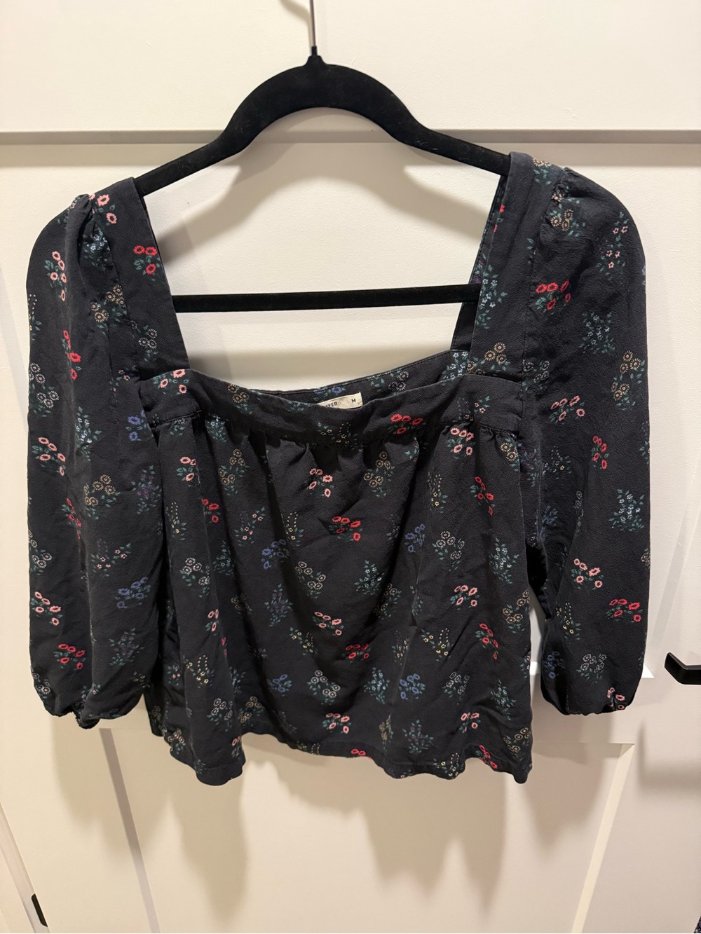 Marine Layer Floral Square Neck Blouse M Black Puff Sleeve Cottagecore Rayon